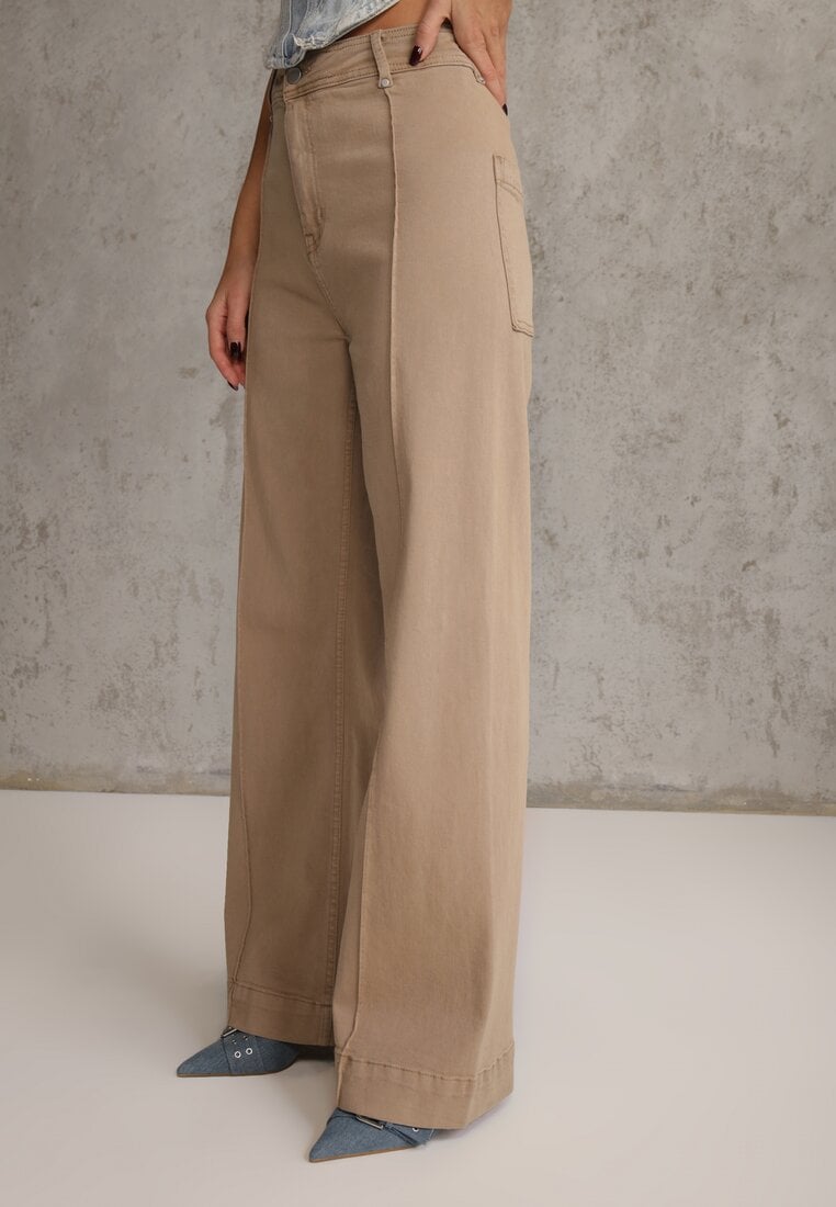 Beżowe Bawełniane Jeansy High Waist Wide Leg z Pionowymi Przeszyciami Ethemithea