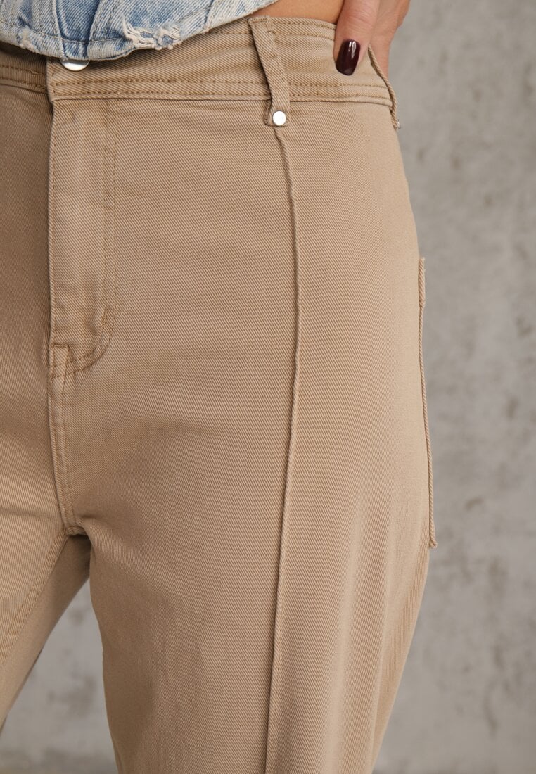 Beżowe Bawełniane Jeansy High Waist Wide Leg z Pionowymi Przeszyciami Ethemithea