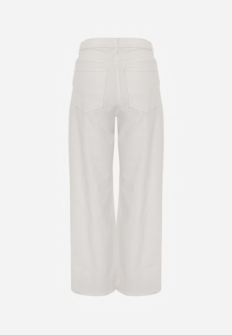 Białe Bawełniane Jeansy Wide Leg z Asymetrycznym Guzikiem Thesiphi