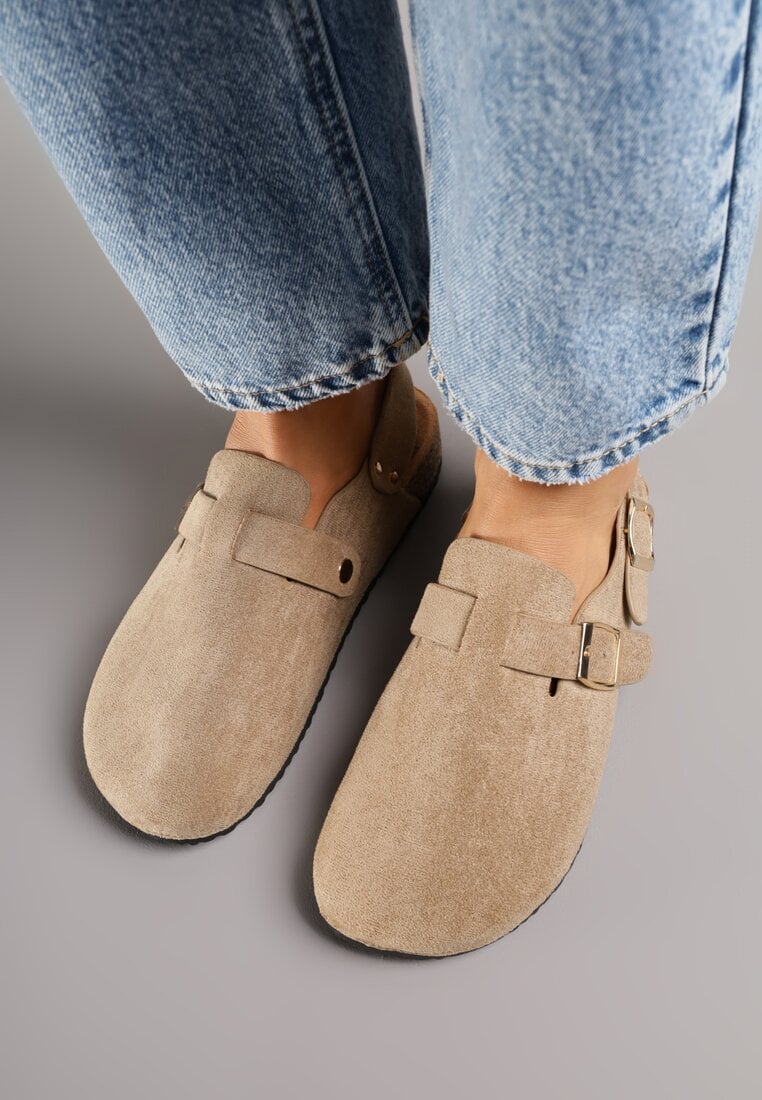 Ciemnobeżowe Sandały Typu Chodaki z Klamrami Silvermore