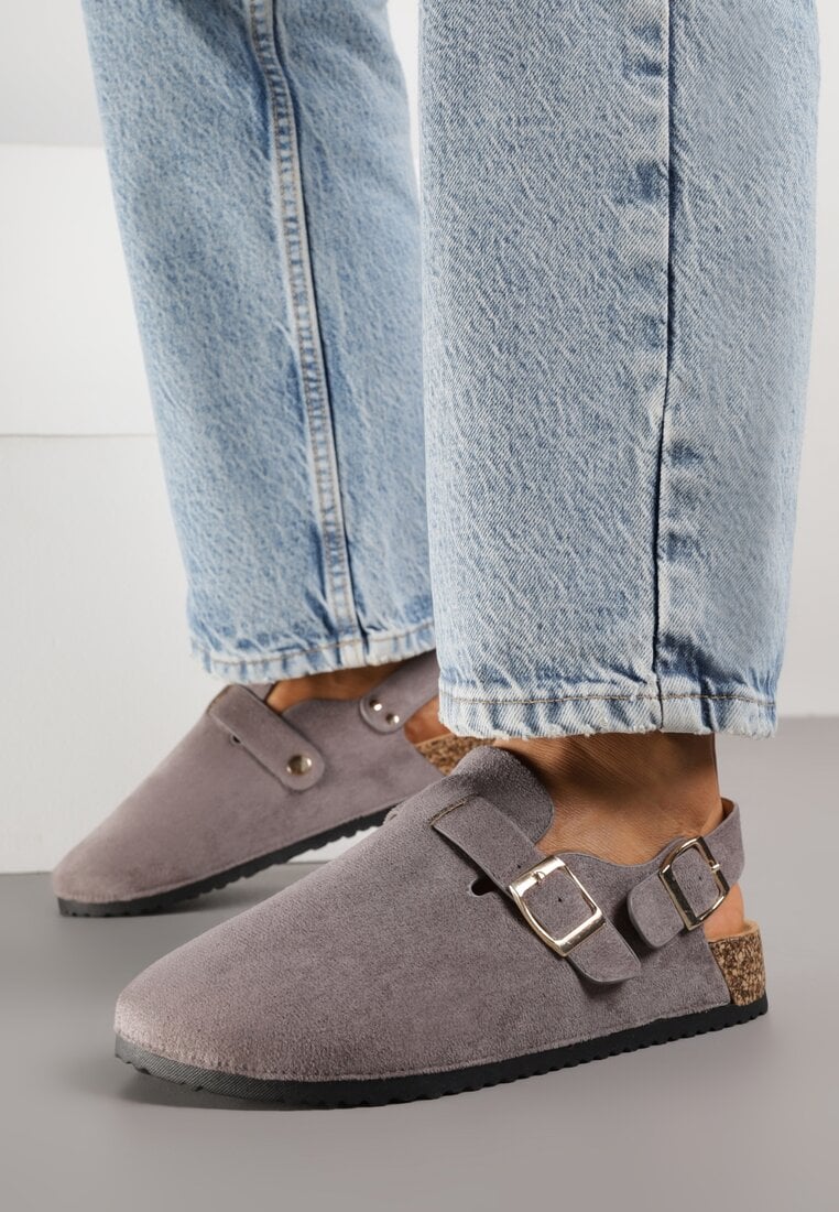 Szare Sandały Typu Chodaki z Klamrami Silvermore