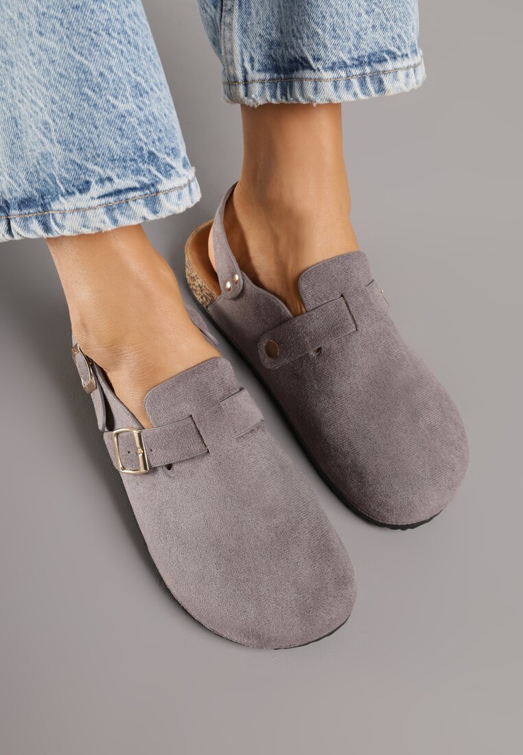 Szare Sandały Typu Chodaki z Klamrami Silvermore