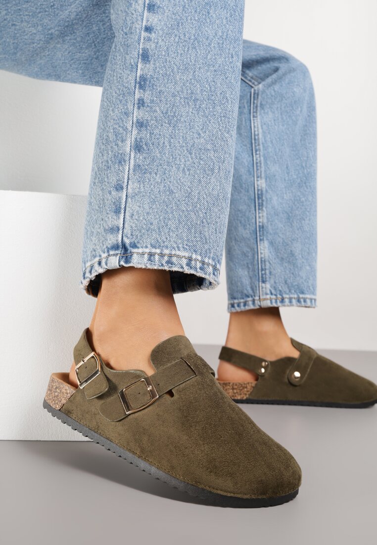 Zielone Sandały Typu Chodaki z Klamrami Silvermore