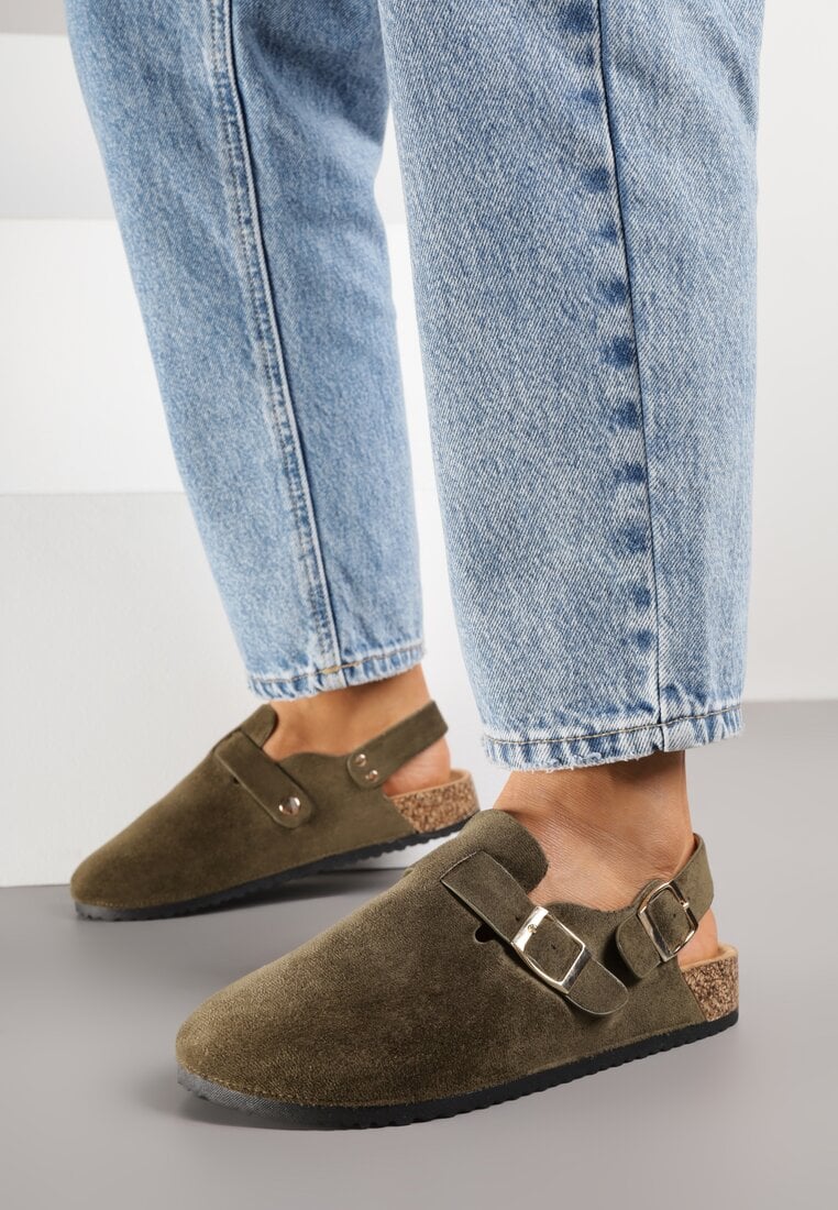 Zielone Sandały Typu Chodaki z Klamrami Silvermore