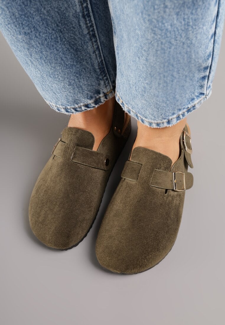 Zielone Sandały Typu Chodaki z Klamrami Silvermore