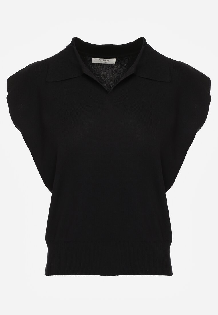 Czarna Sweterkowa Bluzka z Wiskozy z Kołnierzykiem i Usztywnioną Linią Ramion Helite