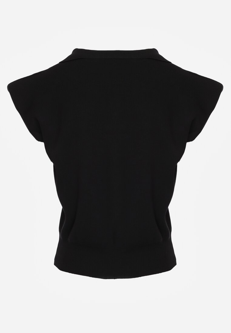 Czarna Sweterkowa Bluzka z Wiskozy z Kołnierzykiem i Usztywnioną Linią Ramion Helite