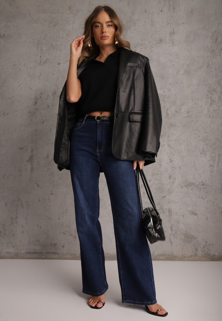 Czarna Sweterkowa Bluzka z Wiskozy z Kołnierzykiem i Usztywnioną Linią Ramion Helite