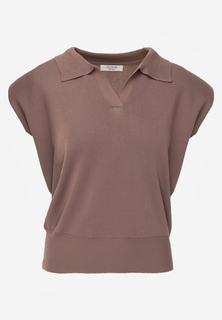 Brązowa Sweterkowa Bluzka z Wiskozy z Kołnierzykiem i Usztywnioną Linią Ramion Helite