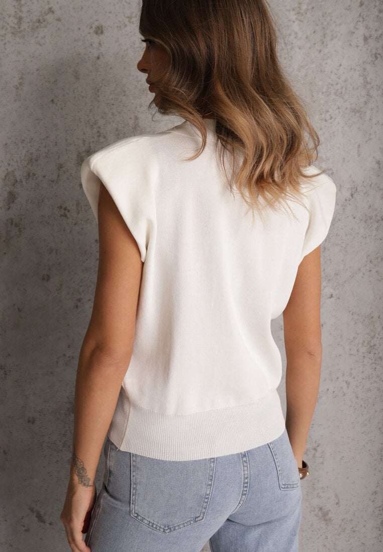 Biała Sweterkowa Bluzka z Wiskozy z Kołnierzykiem i Usztywnioną Linią Ramion Helite