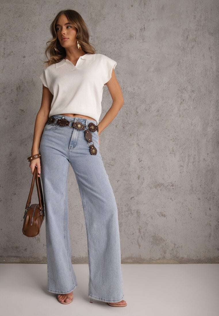 Biała Sweterkowa Bluzka z Wiskozy z Kołnierzykiem i Usztywnioną Linią Ramion Helite