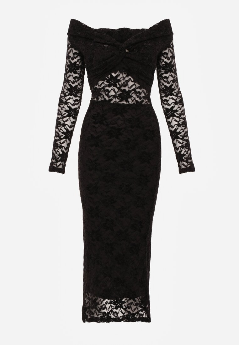 Czarna Koronkowa Sukienka Bodycon z Odkrytymi Ramionami i Supłem Aethanise