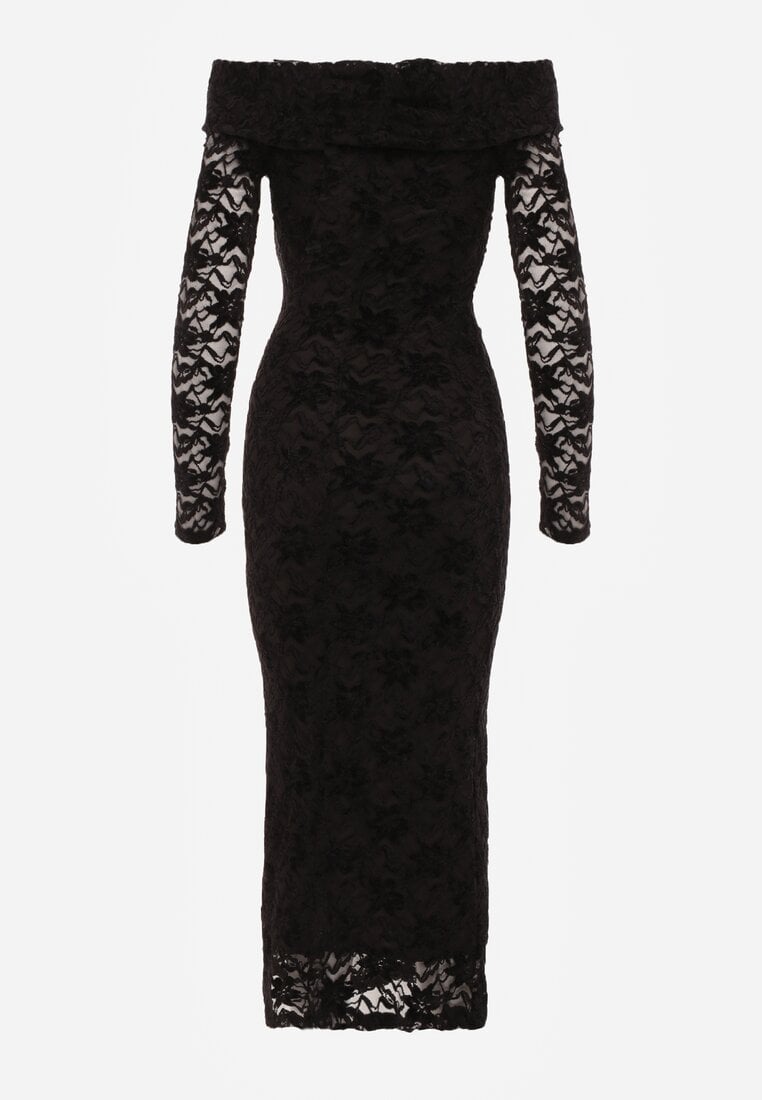 Czarna Koronkowa Sukienka Bodycon z Odkrytymi Ramionami i Supłem Aethanise