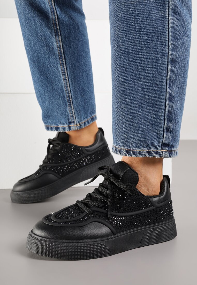 Czarne Sneakersy na Platformie Ozdobione Cyrkoniami Kyllyss