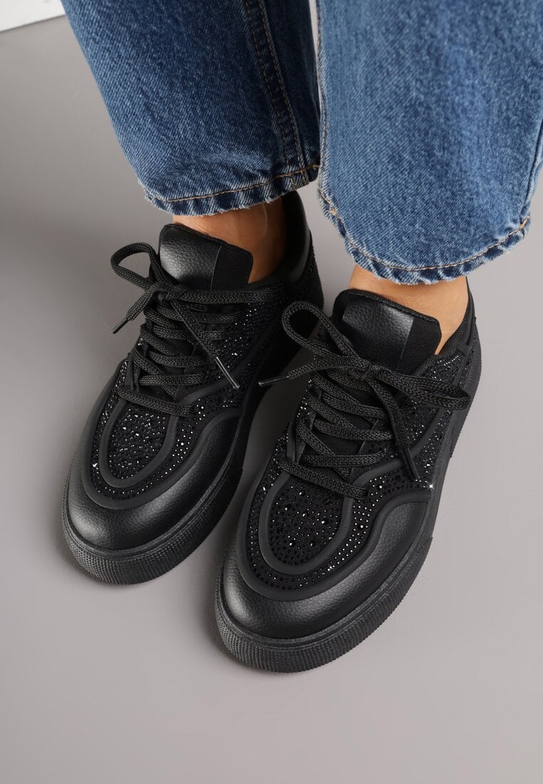 Czarne Sneakersy na Platformie Ozdobione Cyrkoniami Kyllyss