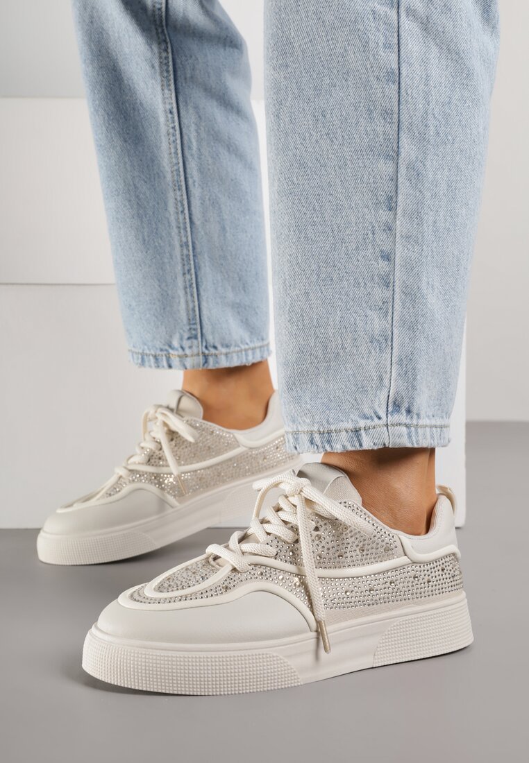 Beżowe Sneakersy na Platformie Ozdobione Cyrkoniami Kyllyss
