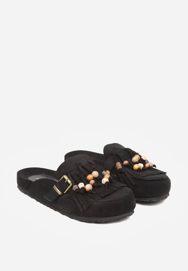 Czarne Klapki na Platformie Ozdobione Koralikami Klamrami i Frędzlami Leurecea