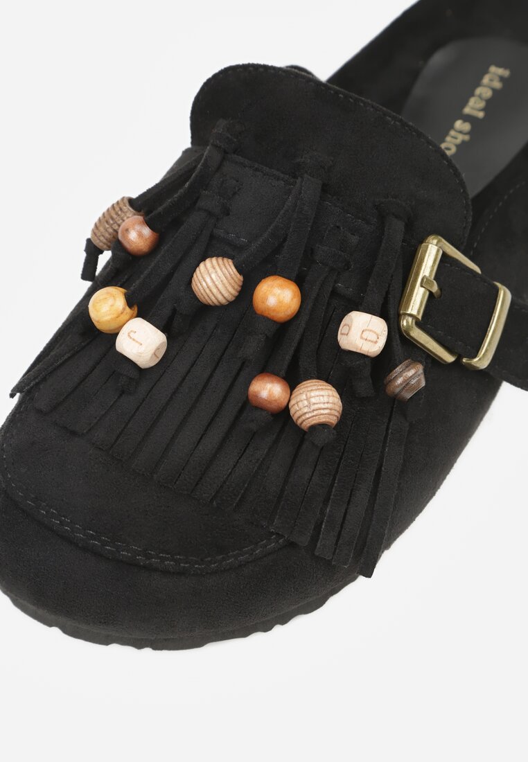 Czarne Klapki na Platformie Ozdobione Koralikami Klamrami i Frędzlami Leurecea