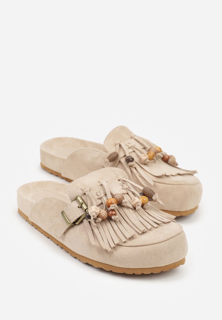 Ciemnobeżowe Klapki na Platformie Ozdobione Koralikami Klamrami i Frędzlami Leurecea