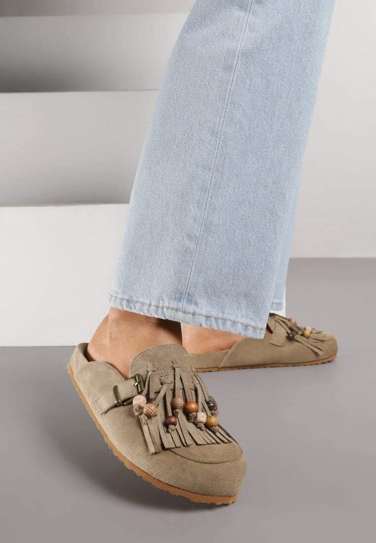 Zielone Klapki na Platformie Ozdobione Koralikami Klamrami i Frędzlami Leurecea