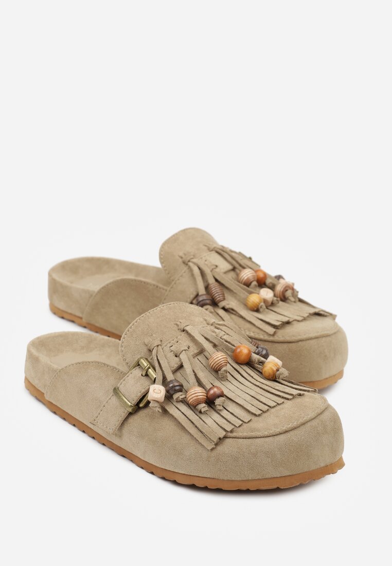 Zielone Klapki na Platformie Ozdobione Koralikami Klamrami i Frędzlami Leurecea