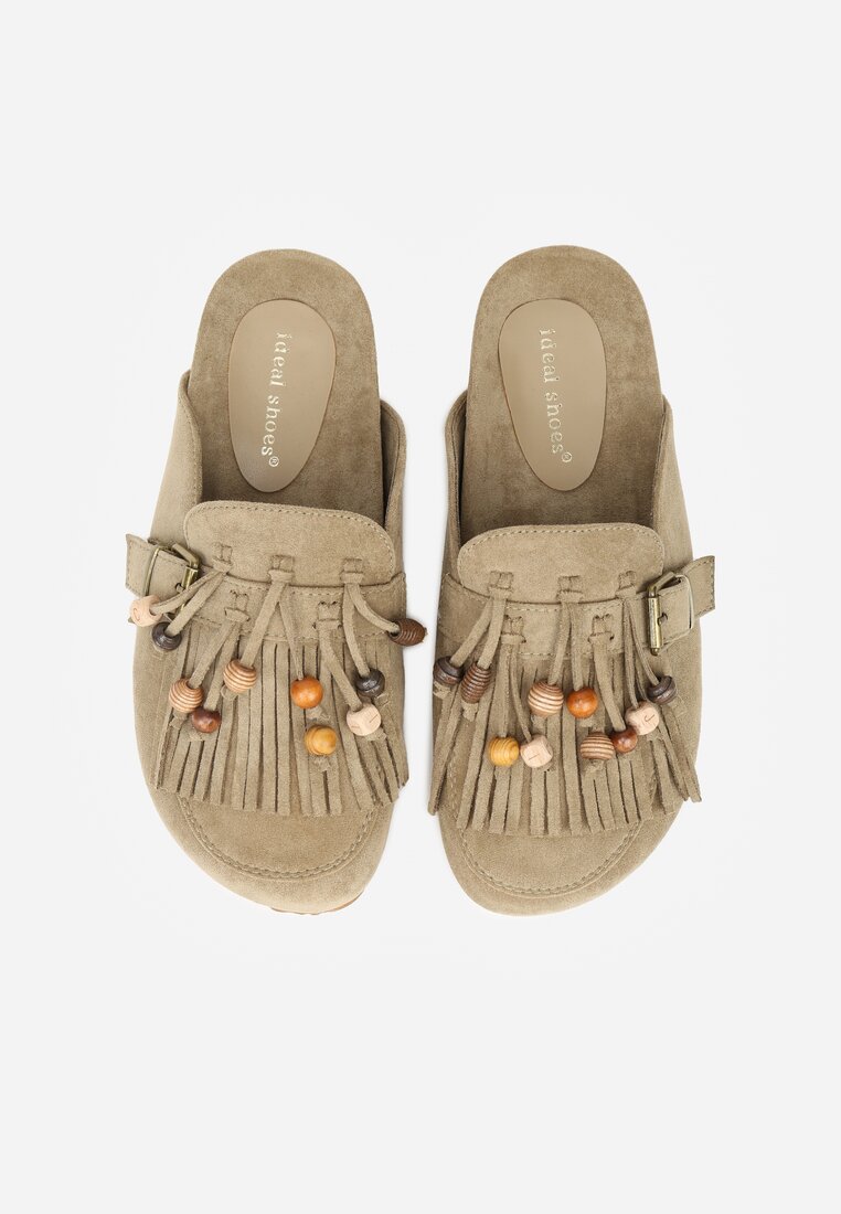 Zielone Klapki na Platformie Ozdobione Koralikami Klamrami i Frędzlami Leurecea