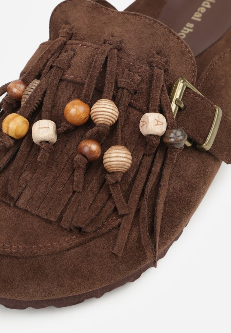 Brązowe Klapki na Platformie Ozdobione Koralikami Klamrami i Frędzlami Leurecea
