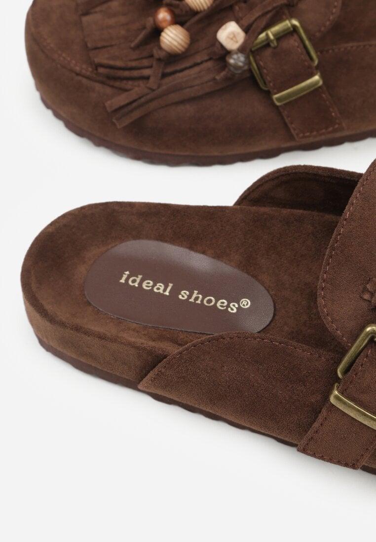 Brązowe Klapki na Platformie Ozdobione Koralikami Klamrami i Frędzlami Leurecea