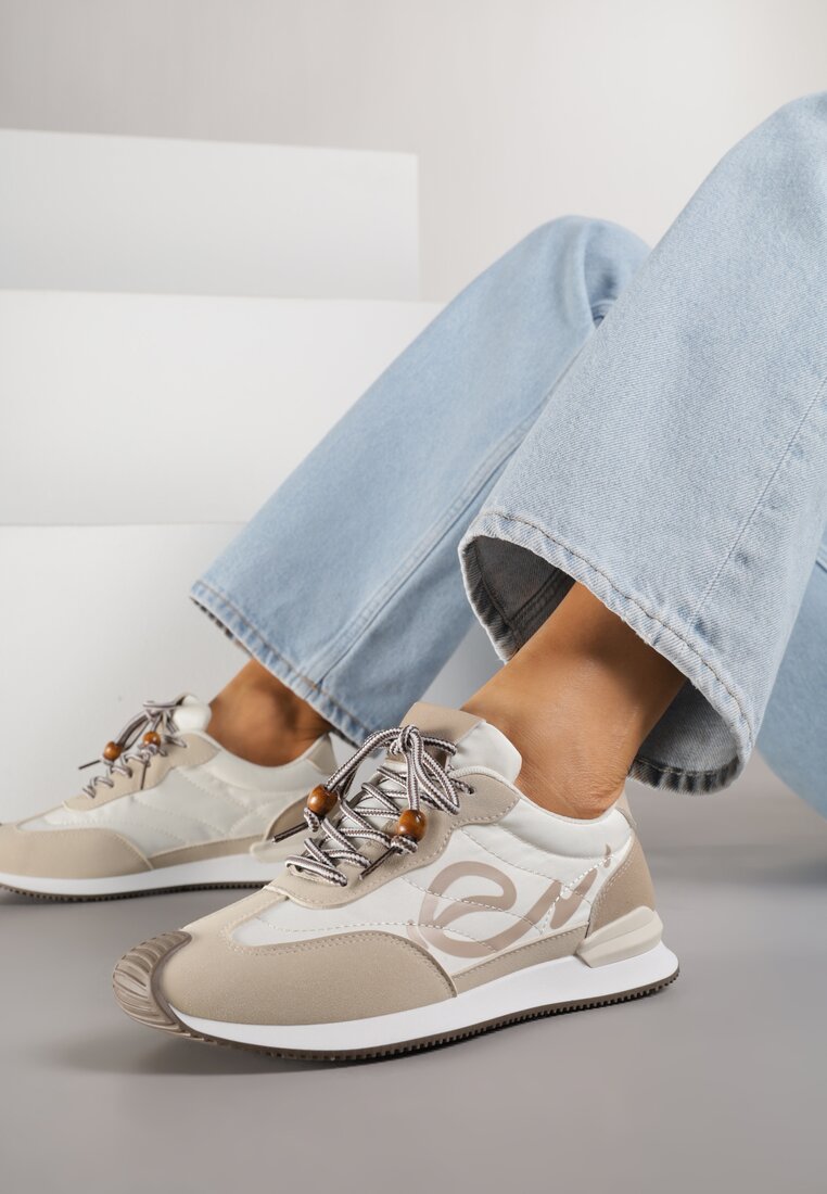 Beżowe Sneakersy Ozdobione Geometrycznym Motywem Phiaronei