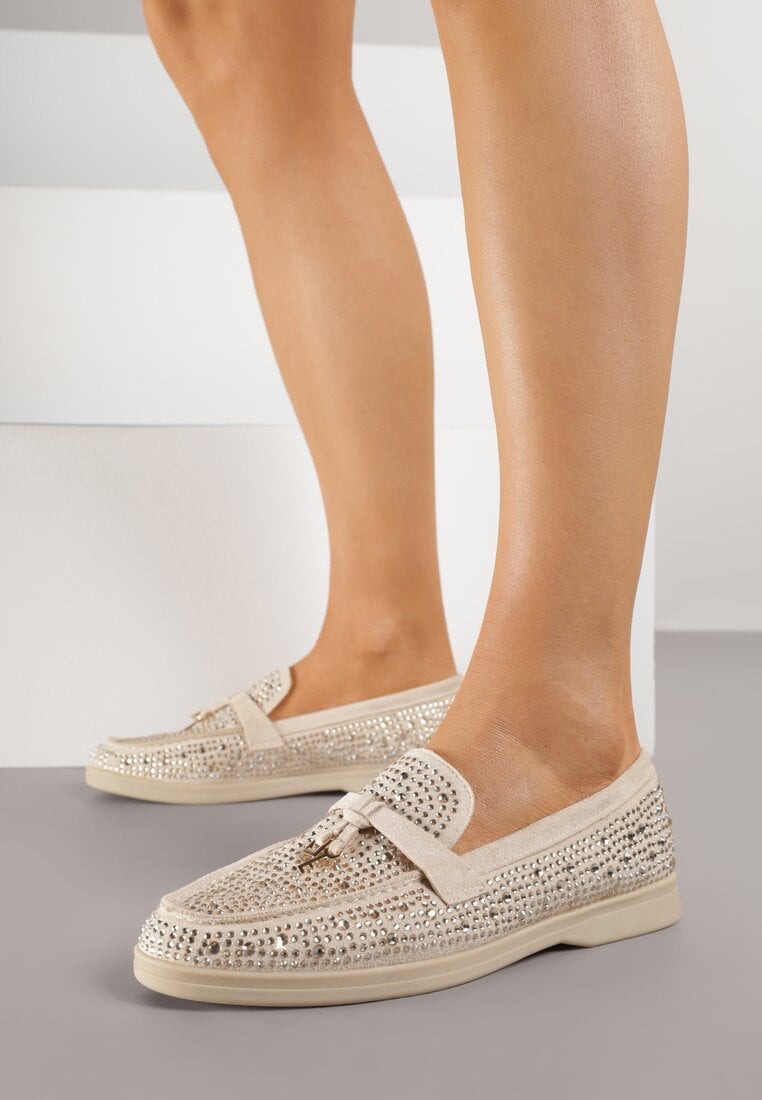Beżowe Mokasyny z Cyrkoniami i Ozdobami Distantsteam