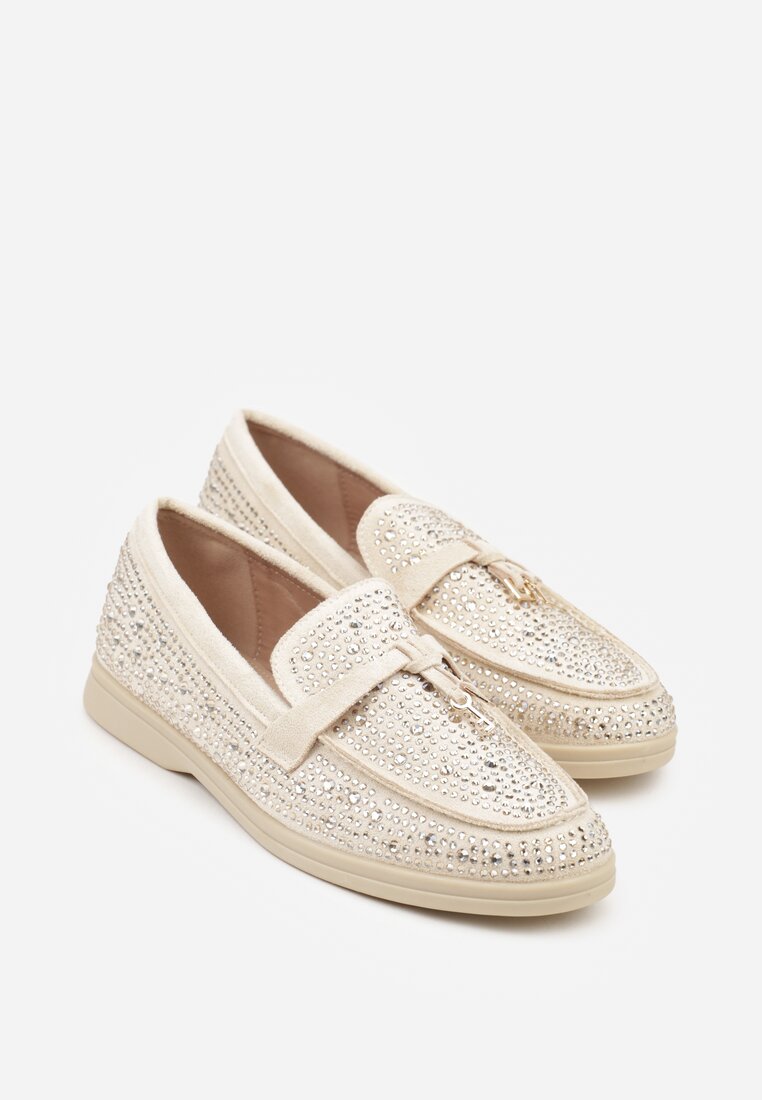 Beżowe Mokasyny z Cyrkoniami i Ozdobami Distantsteam