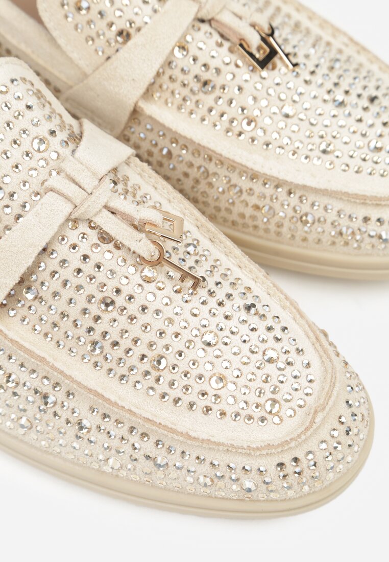 Beżowe Mokasyny z Cyrkoniami i Ozdobami Distantsteam