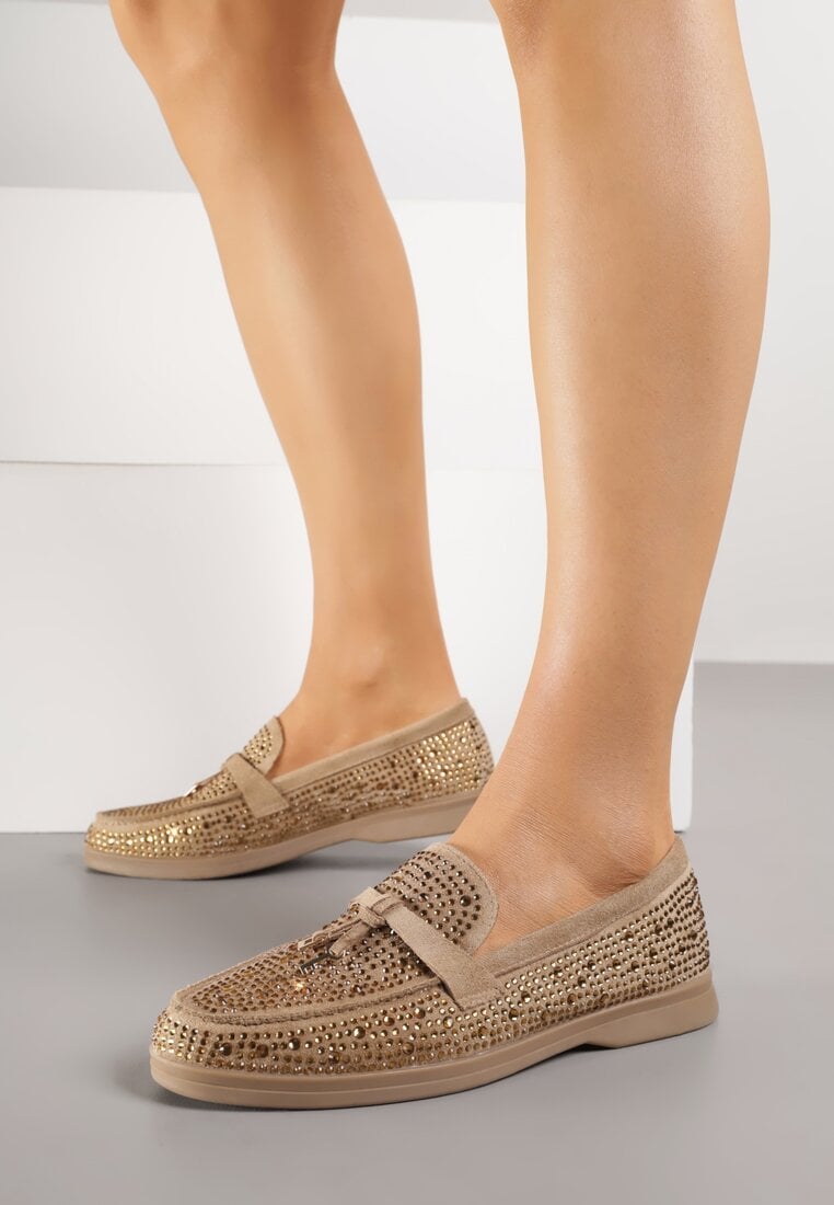 Ciemnobeżowe Mokasyny z Cyrkoniami i Ozdobami Distantsteam