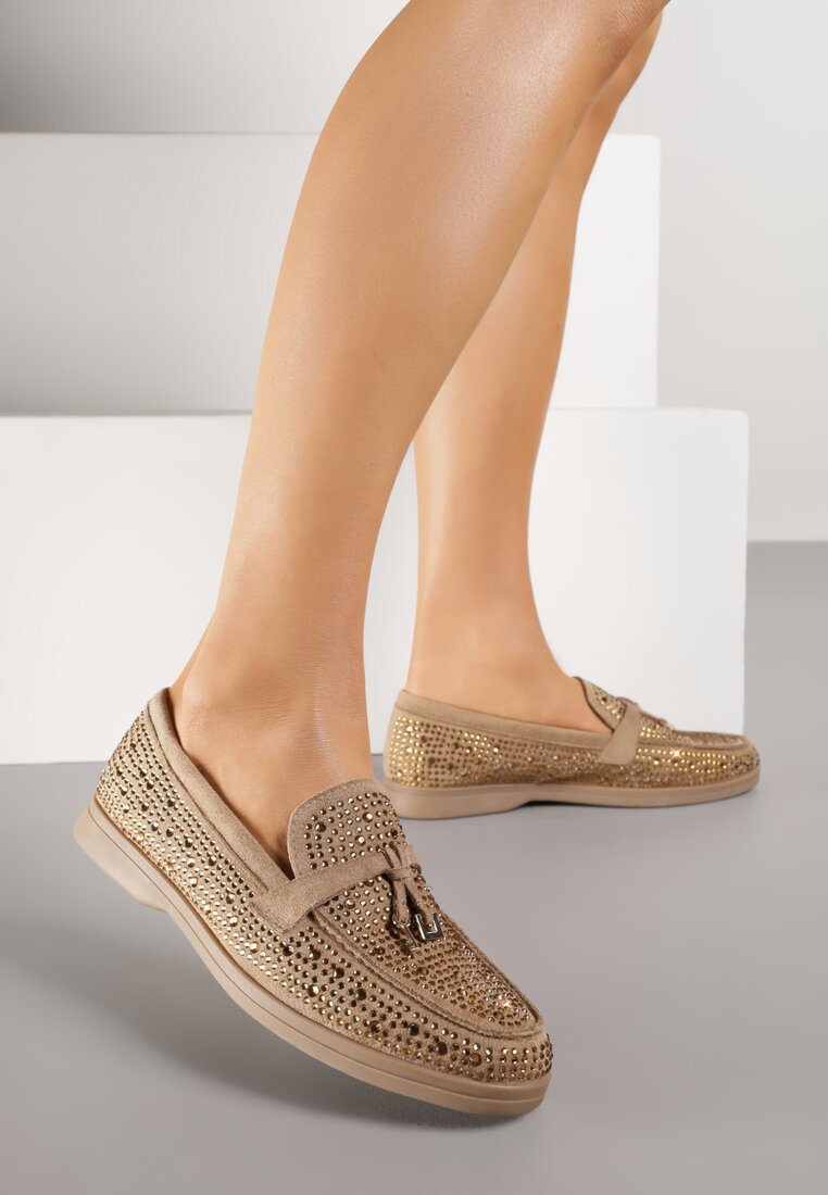 Ciemnobeżowe Mokasyny z Cyrkoniami i Ozdobami Distantsteam