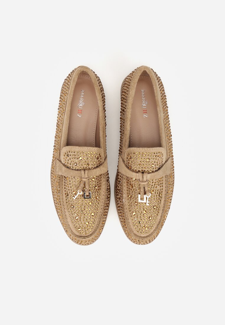 Ciemnobeżowe Mokasyny z Cyrkoniami i Ozdobami Distantsteam