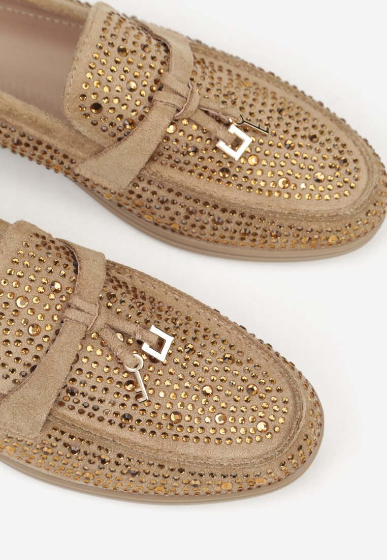 Ciemnobeżowe Mokasyny z Cyrkoniami i Ozdobami Distantsteam