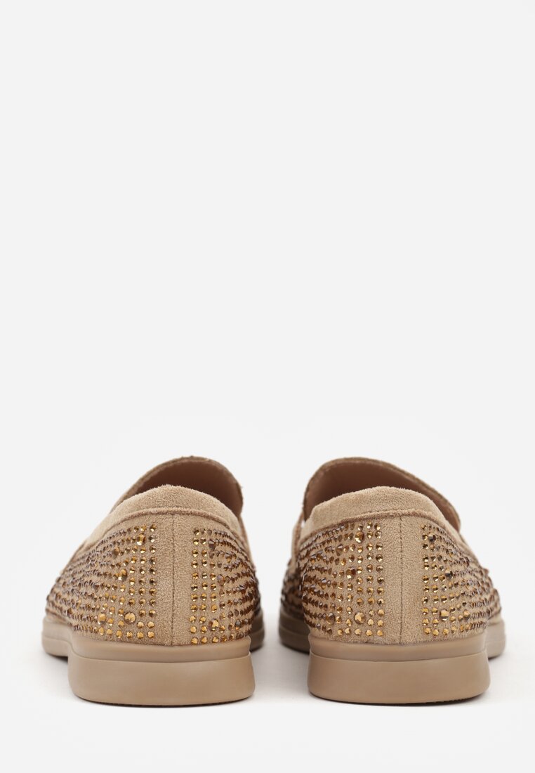 Ciemnobeżowe Mokasyny z Cyrkoniami i Ozdobami Distantsteam