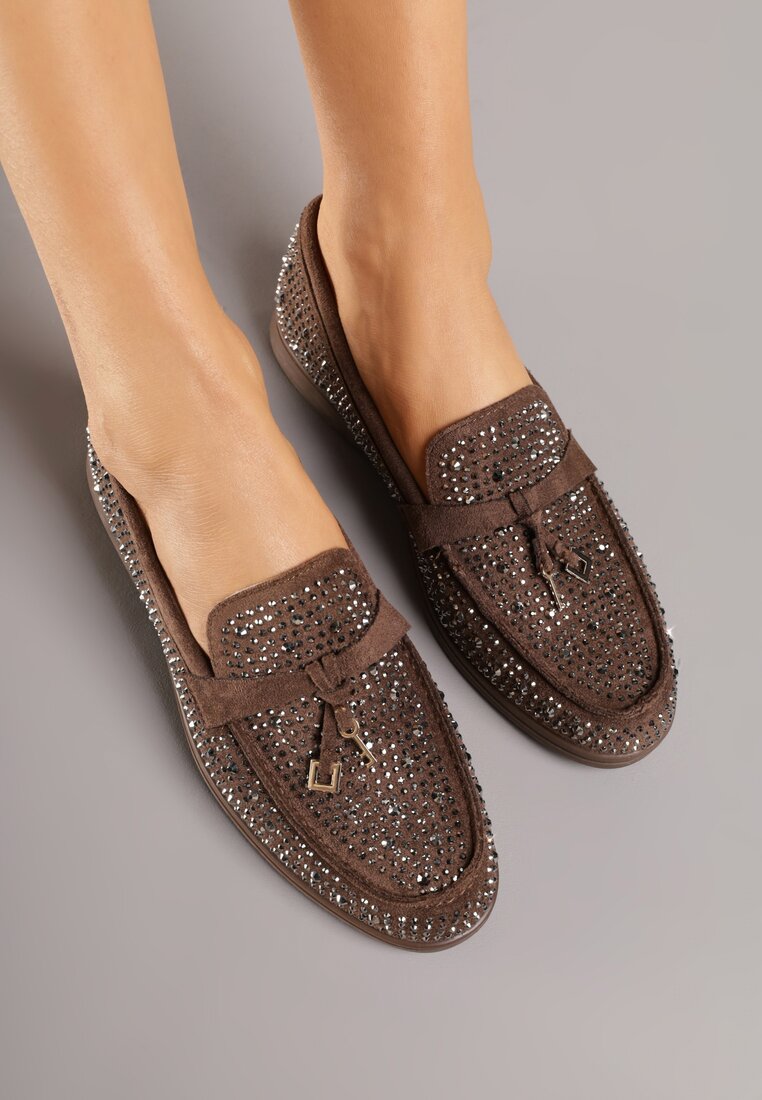 Brązowe Mokasyny z Cyrkoniami i Ozdobami Distantsteam