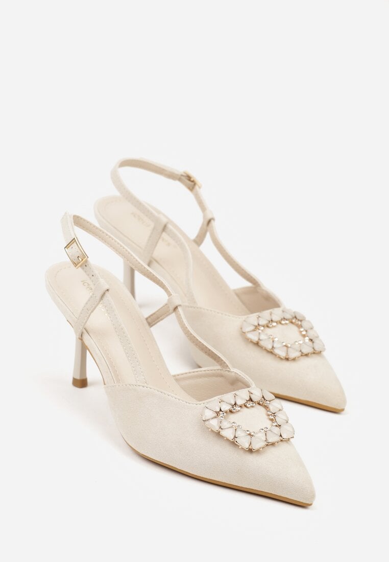 Jasnobeżowe Sandały na Szpilce Ozdobione Aplikacją z Cyrkoniami Orinriane