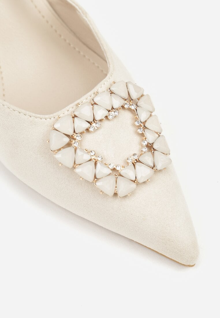 Jasnobeżowe Sandały na Szpilce Ozdobione Aplikacją z Cyrkoniami Orinriane