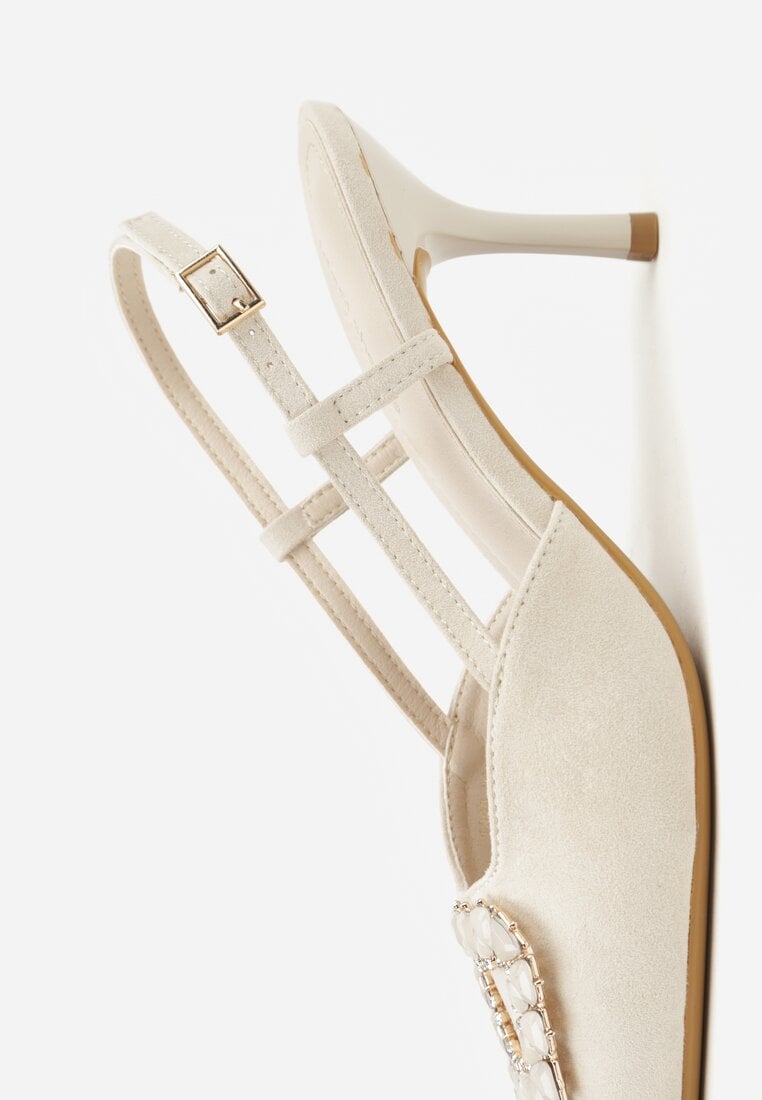 Jasnobeżowe Sandały na Szpilce Ozdobione Aplikacją z Cyrkoniami Orinriane