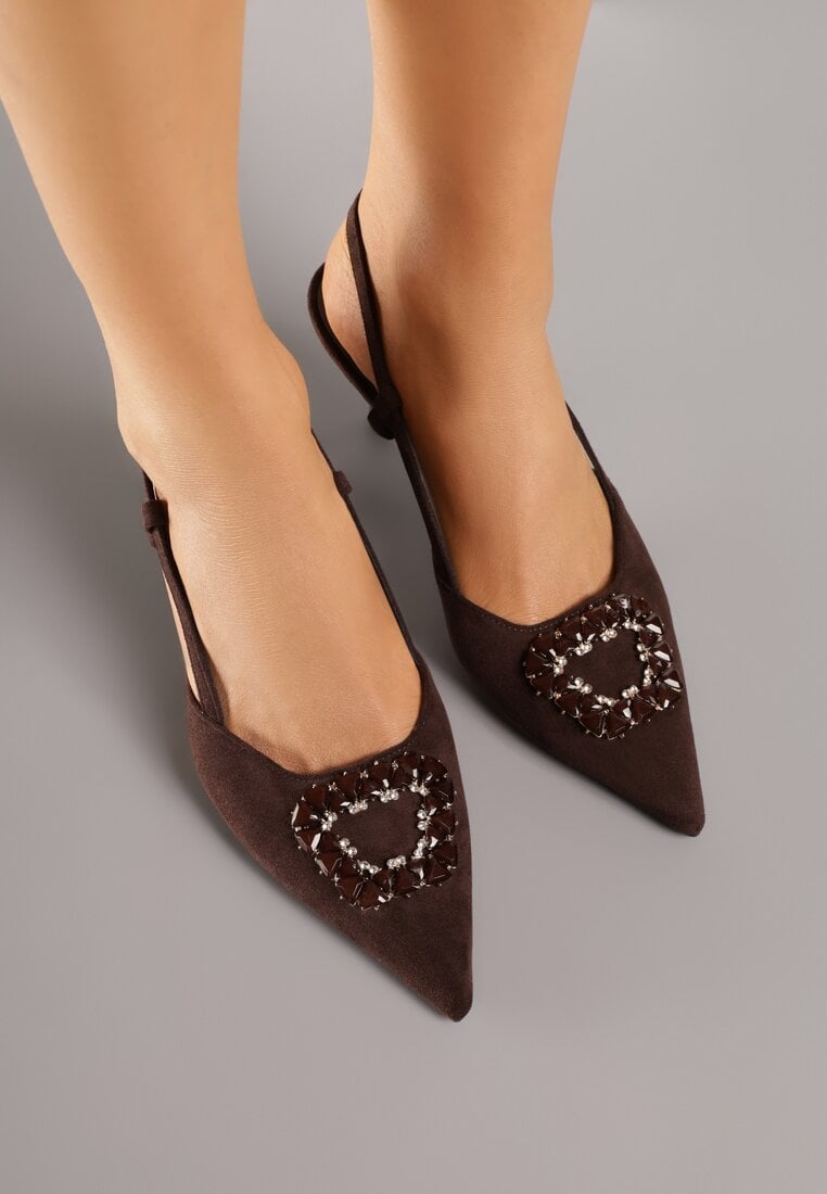 Brązowe Sandały na Szpilce Ozdobione Aplikacją z Cyrkoniami Orinriane