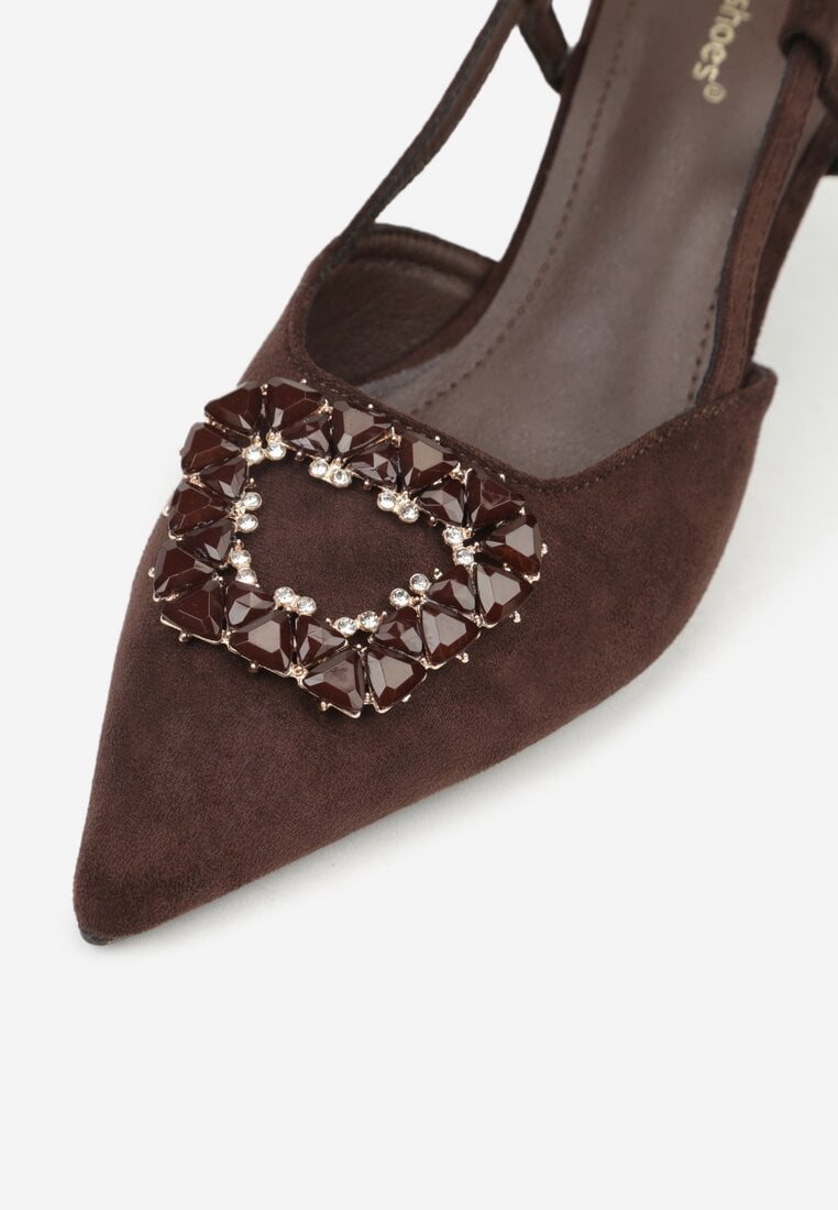 Brązowe Sandały na Szpilce Ozdobione Aplikacją z Cyrkoniami Orinriane