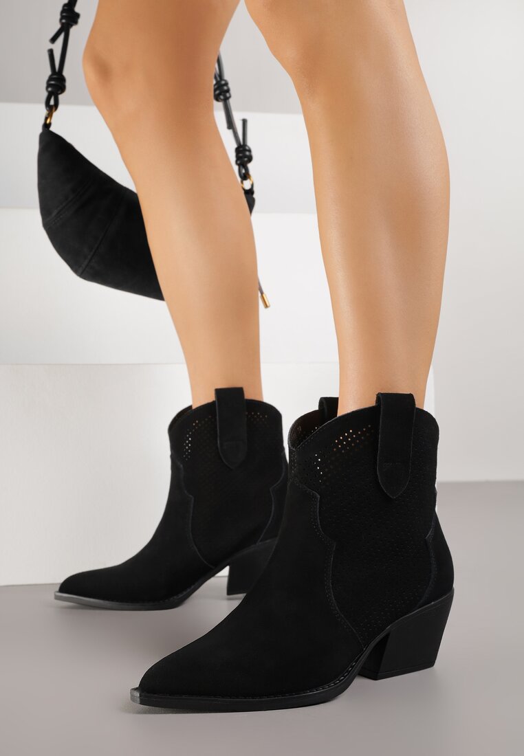 Czarne Botki Typu Kowbojki na Stożku ze Skóry Naturalnej Clearfeather