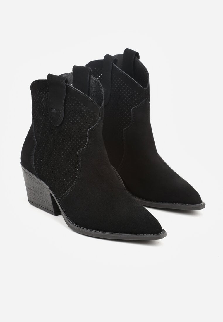 Czarne Botki Typu Kowbojki na Stożku ze Skóry Naturalnej Clearfeather