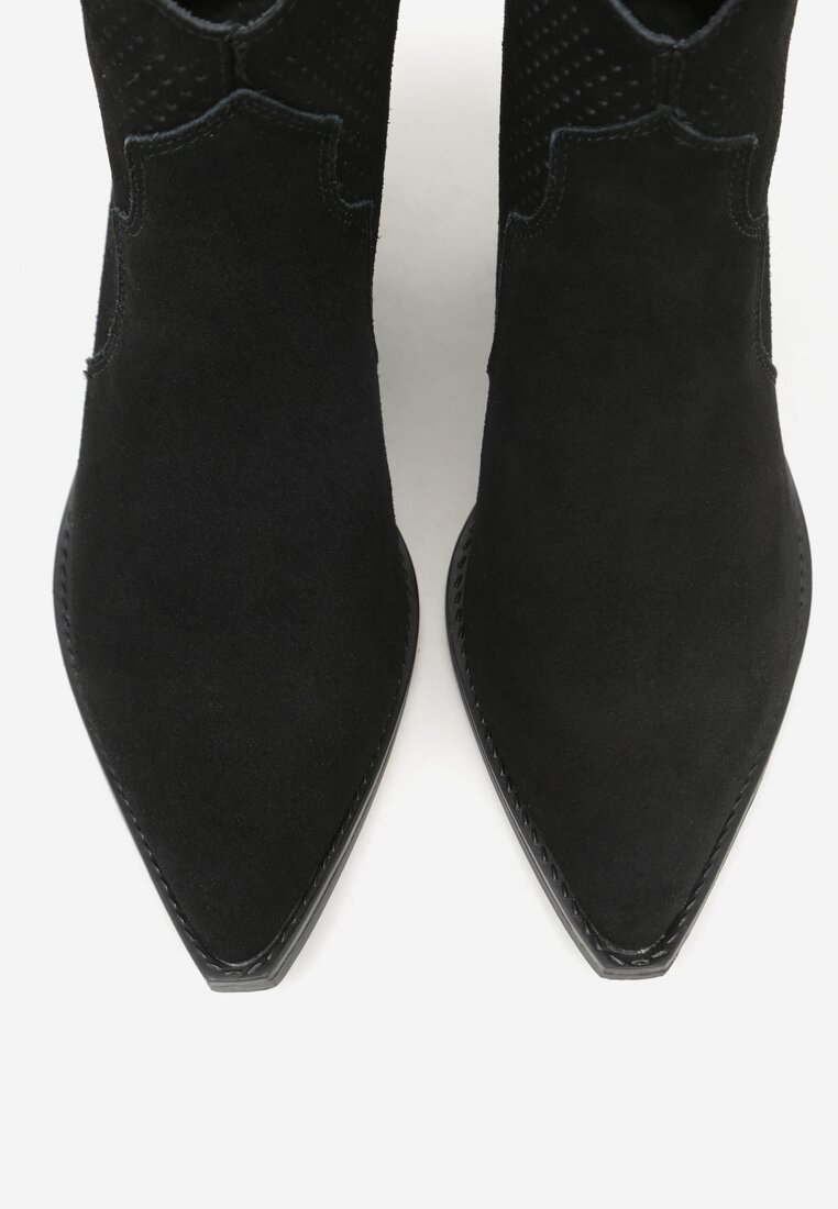 Czarne Botki Typu Kowbojki na Stożku ze Skóry Naturalnej Clearfeather