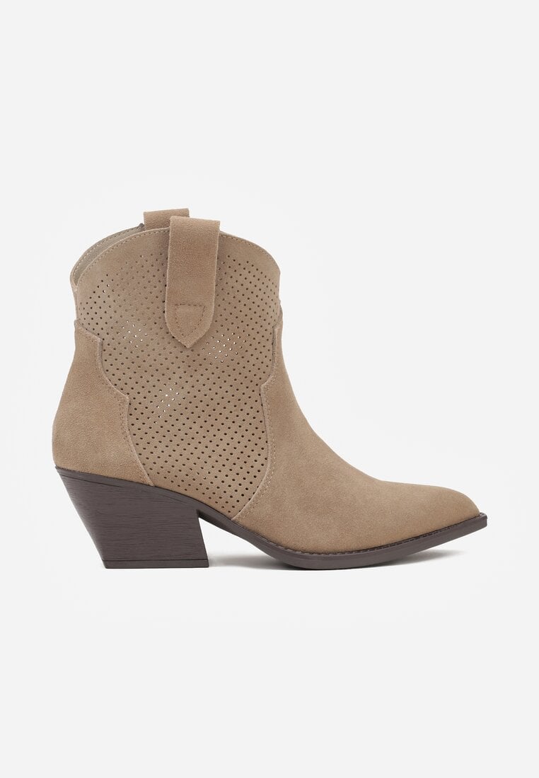 Ciemnobeżowe Botki Typu Kowbojki na Stożku ze Skóry Naturalnej Clearfeather