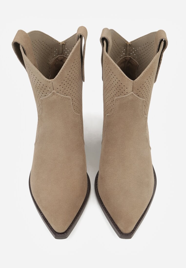 Ciemnobeżowe Botki Typu Kowbojki na Stożku ze Skóry Naturalnej Clearfeather