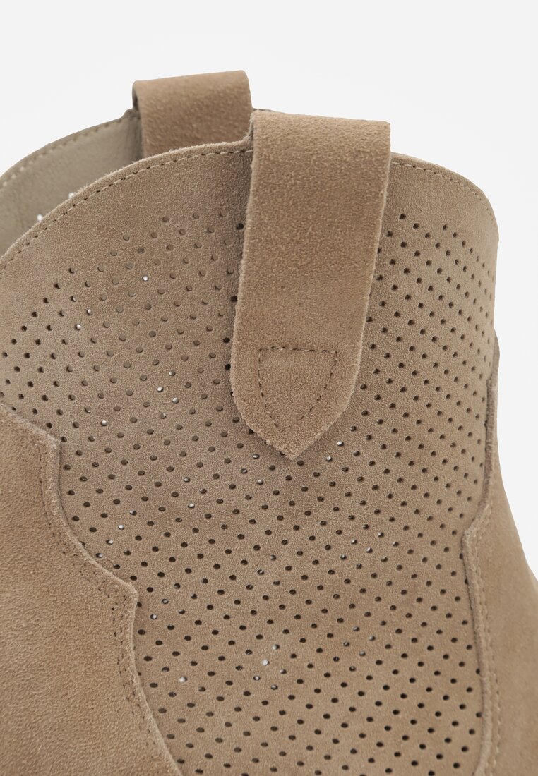 Ciemnobeżowe Botki Typu Kowbojki na Stożku ze Skóry Naturalnej Clearfeather