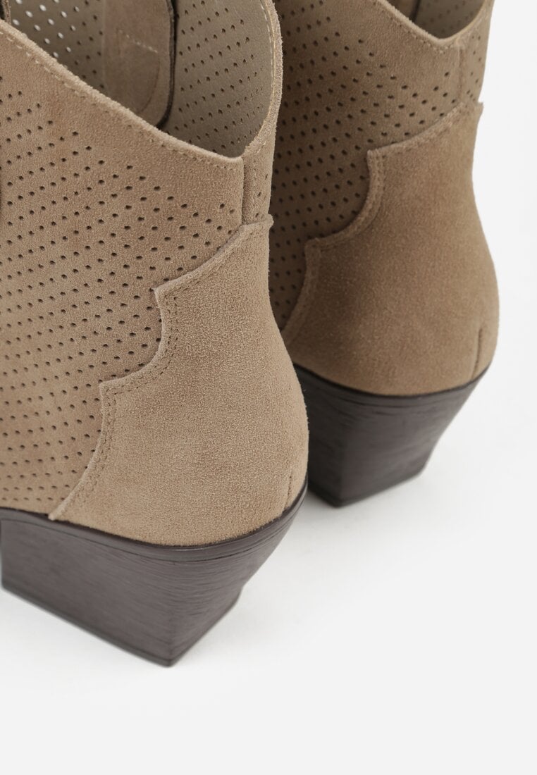 Ciemnobeżowe Botki Typu Kowbojki na Stożku ze Skóry Naturalnej Clearfeather